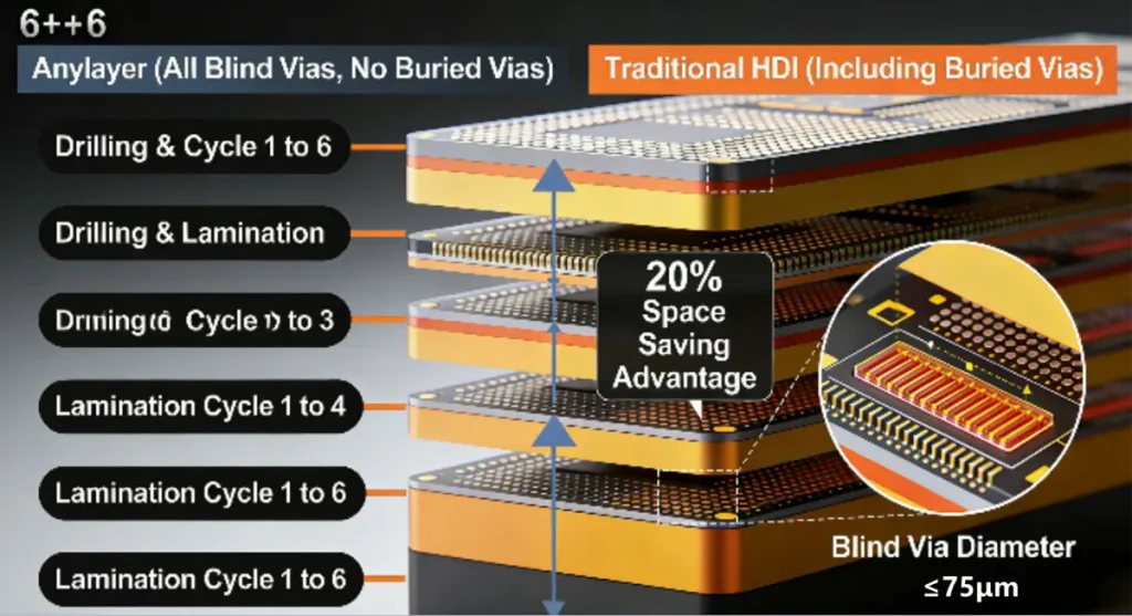  PCBKR 2026 state-of-the-art 6+N+6 HDI PCB stack-up diagram, illustrating AnyLayer interconnection through 6 cycles of drilling and lamination. The image highlights a micro-via diameter of ≤75μm and a 20% space-saving advantage over traditional HDI, optimized for AI servers and 6G communication hardware.
