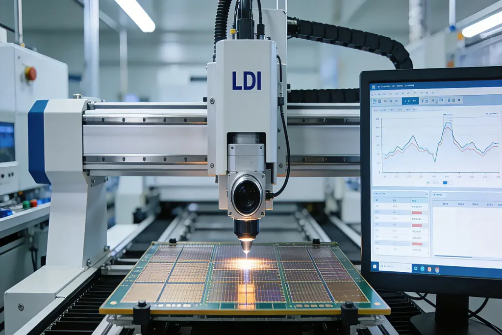 AI real-time deformation compensation system: LDI laser direct imaging machine scanning PCB substrate, data monitoring screen displaying warp correction parameters, high-precision PCB manufacturing facility.