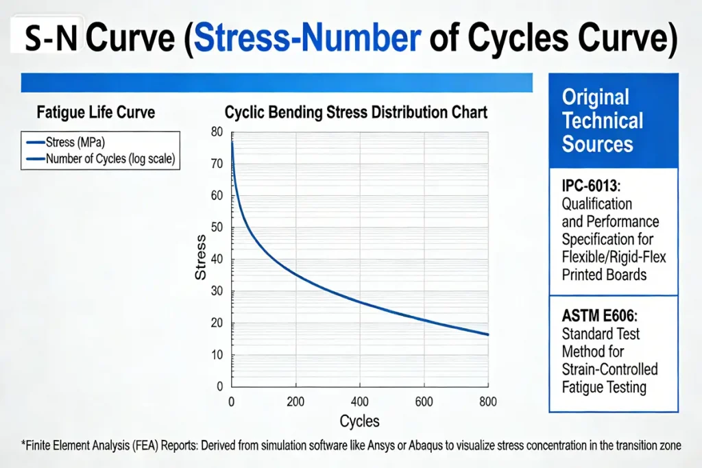  S-N Curve for Rigid-Flex PCB showing the relationship between bending stress (MPa) and number of cycles based on IPC-6013 and ASTM E606 standards