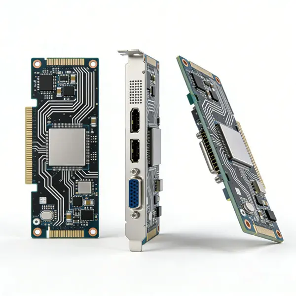 Shenzhen Hongda Circuit Technology high-reliability AI server PCB showing top view, I/O ports, and angled profile of an advanced PCIe hardware accelerator board.