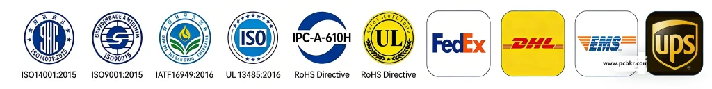 Shenzhen Hongda Circuit Technology PCB manufacturing certifications including ISO 9001, ISO 14001, IATF 16949, ISO 13485, IPC-A-610H, UL, and shipping partners FedEx, DHL, EMS, UPS.