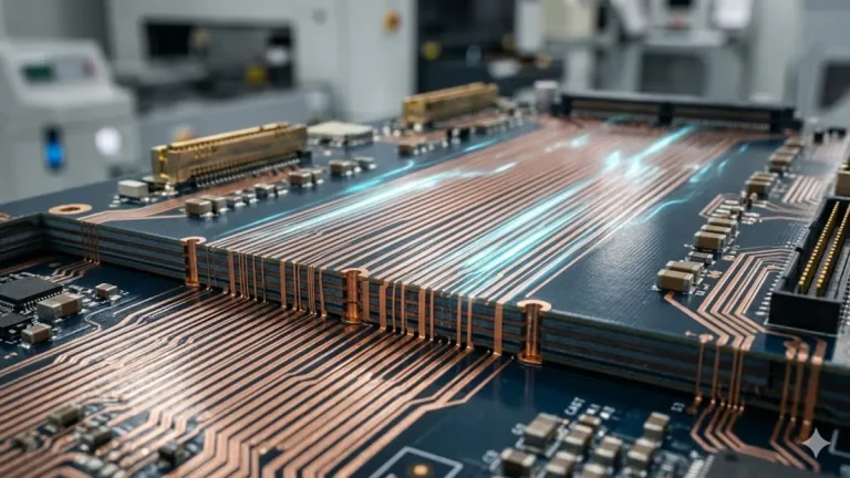 A macro photograph of a 48-layer 224G AI backplane PCB in dark blue and grey. The image highlights hundreds of parallel copper traces, exposed cross-sections showing multiple circuit layers, and clean laser-drilled vias. Soft blue light pulses simulate high-frequency 56GHz PAM4 data streams traveling along the circuits under professional cleanroom studio lighting.