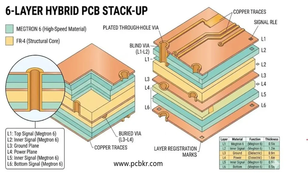 6-layer hybrid PCB stack-up diagram showing a combination of Megtron 6 high-speed PPE/PPO material for signal layers (L1, L2, L5, L6) and FR-4 structural core for power/ground planes (L3, L4), featuring blind, buried, and plated through-hole vias.