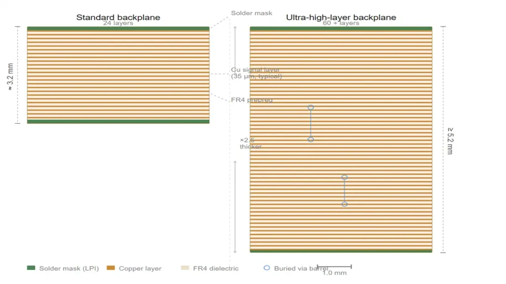 alt="Technical diagram comparing a standard 24-layer backplane (3.2mm thick) with an ultra-high-layer backplane exceeding 60 layers and 5.2mm thickness, showing copper signal layers and buried via barrels."