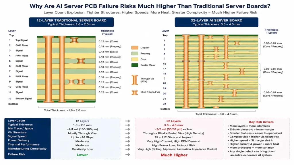 Cross-sectional comparison diagram of a traditional 12-layer server PCB versus a 32-layer AI server PCB, showing stack-up structures, via density, dielectric thickness, copper layers, signal routing complexity, thermal stress, and higher failure risks in AI server boards caused by ultra-high-speed PAM4 signaling, dense interconnects, and increased power delivery requirements.