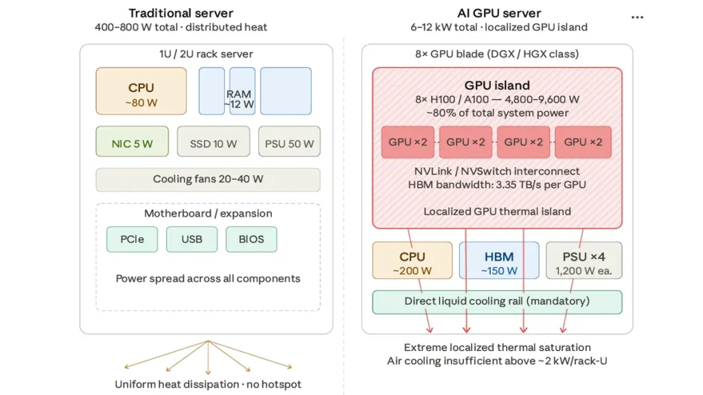 Thermal density comparison map showing traditional 800W server distributed power vs AI server 12kW centralized GPU island power delivery profiles.