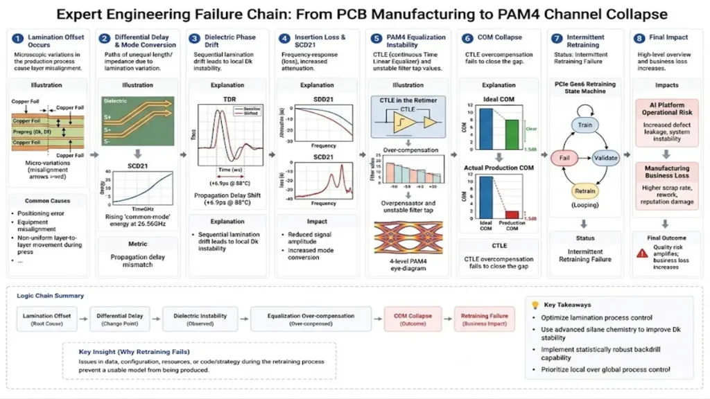 Expert Engineering Failure Chain flowchart: Illustrates the physical causality from PCB lamination offset and layer misalignment to PAM4 channel collapse, detailing the sequence of differential delay, dielectric phase drift, SCD21 mode conversion, CTLE overcompensation, COM margin loss, and subsequent PCIe Gen6 retimer training failure.