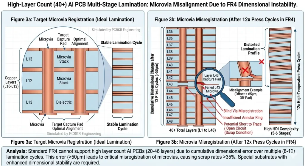 Schematic Diagram of Ideal State vs. Failure State of Microvia Misalignment and Structural Distortion Caused by Dimensional Instability of Conventional FR4 Materials in Multi-stage Lamination of High-layer AI PCBs