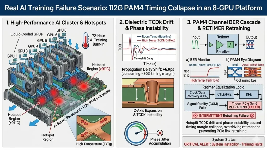 Real AI Training Failure Scenario diagram: Demonstrates the cascading failure mechanism in an 8-GPU liquid-cooled AI platform at temperatures exceeding 91°C, showing how Z-axis expansion and TCDk (Temperature Coefficient of Dielectric constant) drift induce signal phase instability, eye-diagram closure, and critical retimer equalization failure during 72-hour burn-in