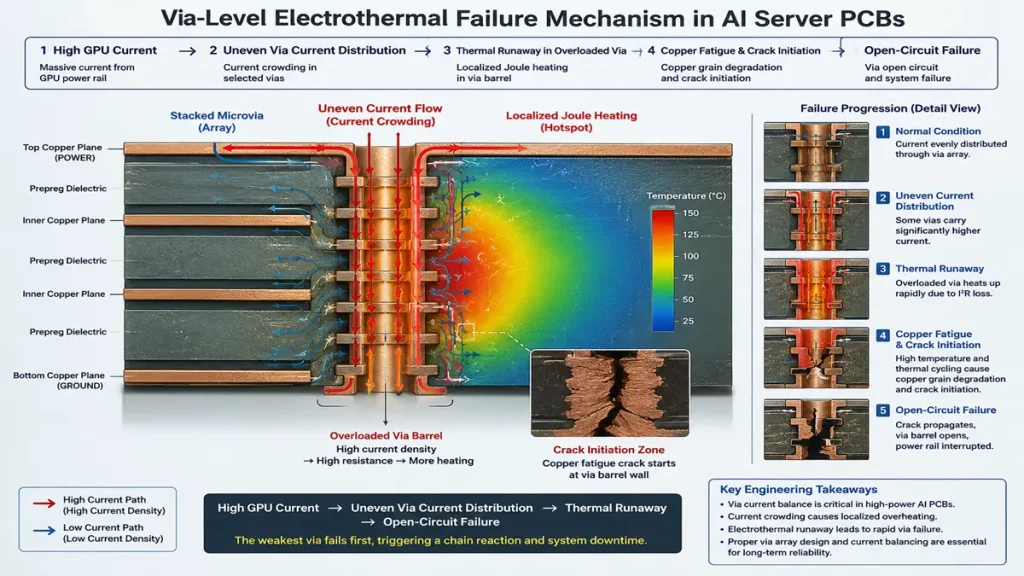 Cross-sectional diagram showing stacked microvia current crowding, localized Joule heating, copper fatigue cracking, and electrothermal runaway failure inside AI server PCBs under high GPU current density.