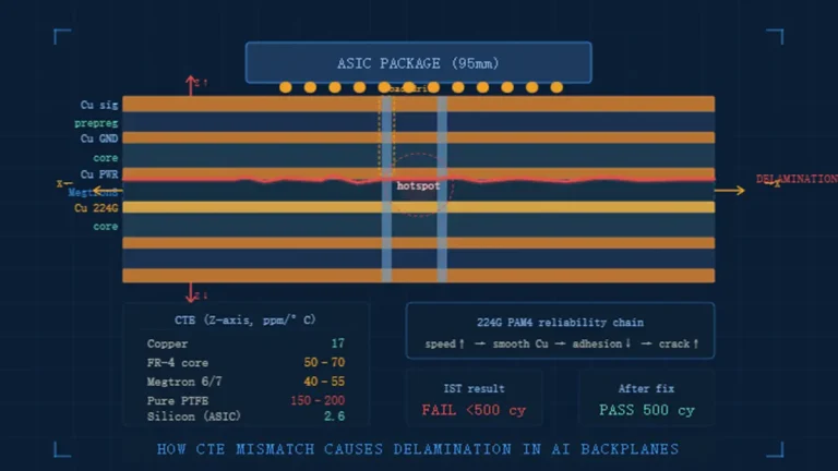 Cross-section diagram of an AI Backplane showing CTE mismatch and delamination risks under a 95mm ASIC package during thermal cycling.