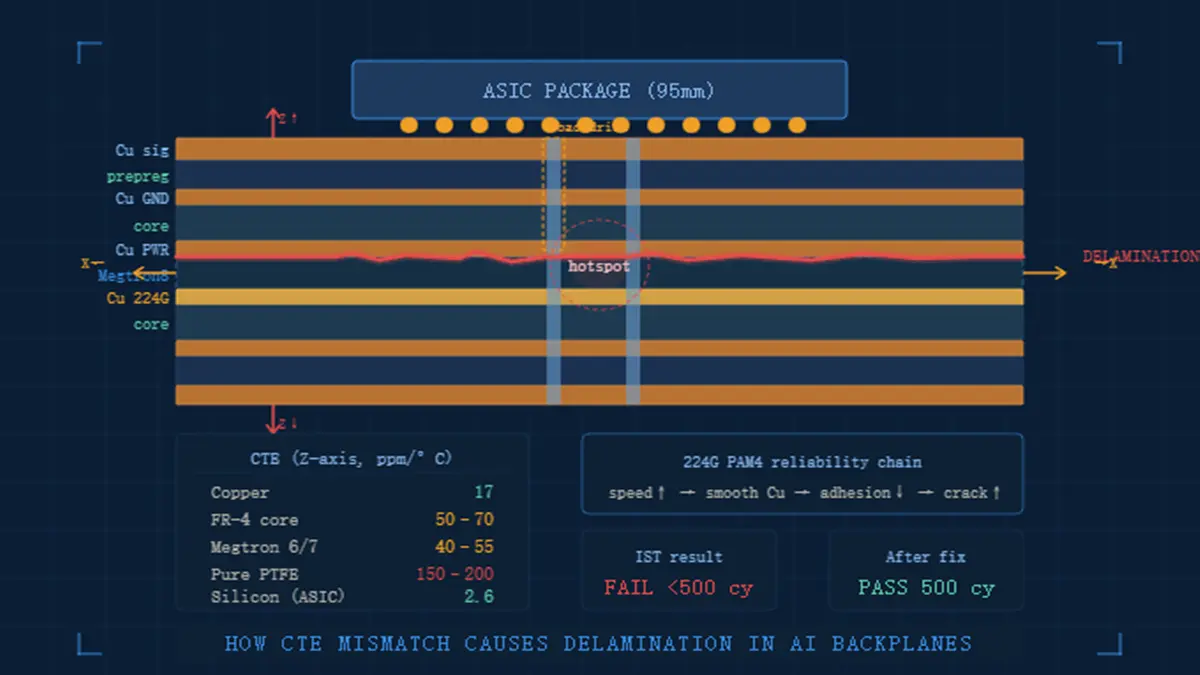 Cross-section diagram of an AI Backplane showing CTE mismatch and delamination risks under a 95mm ASIC package during thermal cycling.