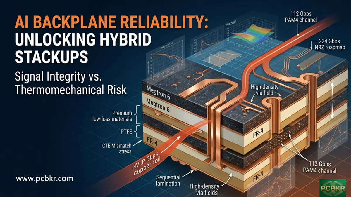 A technical 3D illustration demonstrating AI backplane reliability and hybrid PCB stackups. The diagram shows multiple layers including Megtron 6, PTFE, and FR-4, along with copper traces, high-density via fields, and data charts for insertion loss and warpage under 112 Gbps and 224 Gbps roadmaps.
