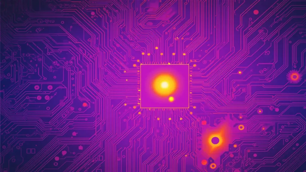 An IR thermal imaging style illustration of an AI GPU PCB. The central square chip displays a bright yellow and white core hotspot, with an additional localized overheating zone in the lower right, surrounded by a dense network of purple circuitry traces and thermal via arrays representing electrical pathways.