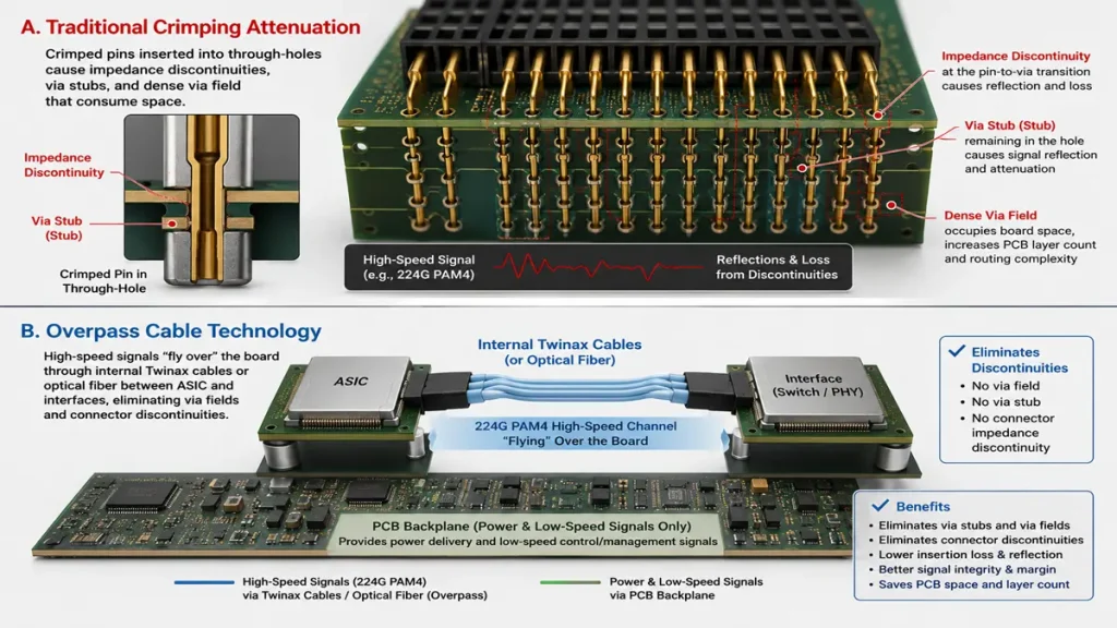 224G PAM4 AI Server Backplane: Overpass Cable Technology vs Traditional Press-Fit Connector