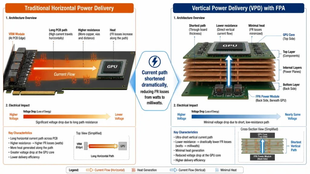 AI server backplane PDN comparison diagram showing traditional horizontal power delivery with high voltage drop/heat from edge VRM versus Vertical Power Delivery (VPD) with FPA under the GPU core reducing I2R losses from watts to milliwatts.
