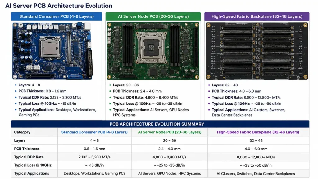 AI server PCB architecture evolution diagram comparing layers, thickness, DDR rate, and dielectric loss at 10GHz across standard consumer PCBs, AI server nodes, and high-speed fabric backplanes.