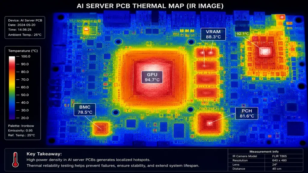 Infrared thermal map of an AI server PCB captured by FLIR T865 showing GPU hotspot at 94.7°C, VRAM at 88.3°C, PCH at 81.6°C and BMC at 78.5°C during full AI training load at 25°C ambient temperature