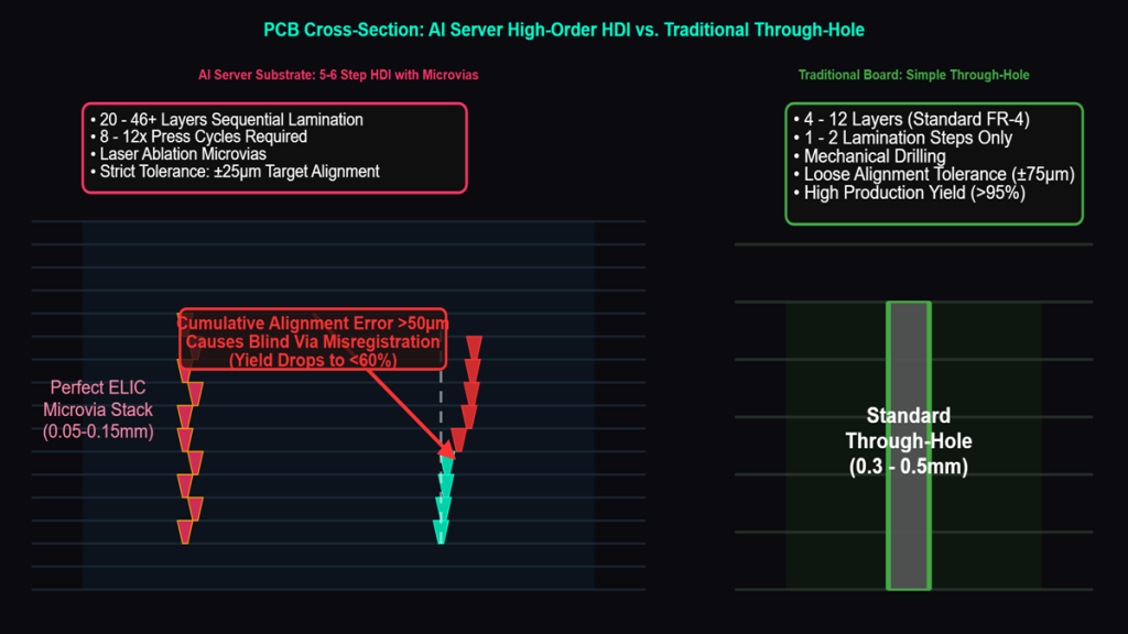 High-order HDI PCB stackup cross-section diagram showing 5-6 step microvia misalignment due to sequential lamination vs traditional board mechanical through-hole.