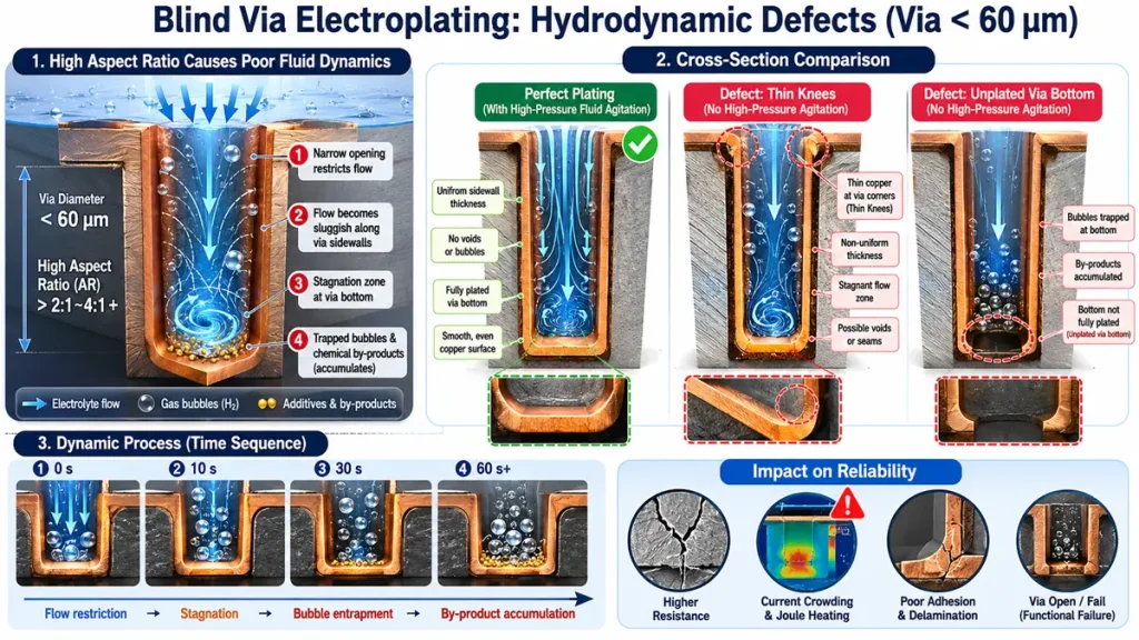 Blind via electroplating hydrodynamic defects diagram for sub-60um microvia in Ultra-HDI PCB, illustrating high aspect ratio fluid stagnation, hydrogen gas bubble entrapment, and cross-section comparison between perfect plating and defects like thin knees or unplated via bottoms causing functional open failures.
