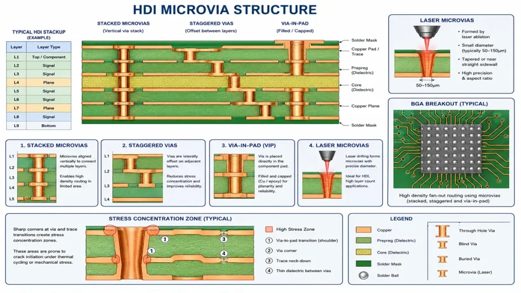 Comprehensive HDI PCB microvia structure diagram illustrating stacked microvias, staggered vias, via-in-pad (VIP), laser microvias, BGA breakout, and stress concentration zones.
