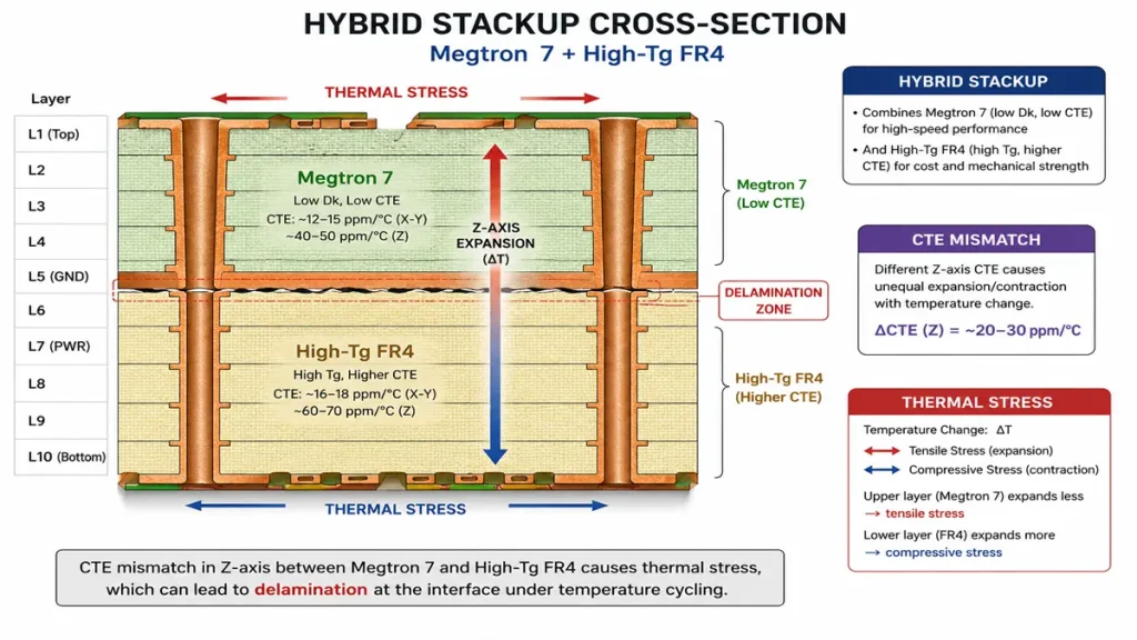 Hybrid PCB stackup cross-section of Megtron 7 and High-Tg FR4 showing Z-axis CTE mismatch and delamination zone under thermal stress.