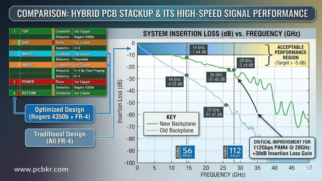 Technical diagram comparing a 6-layer hybrid PCB stackup using Rogers 4350b and FR-4 against an old backplane, showing insertion loss curves up to 50 GHz with critical performance gains for 56 Gbps and 112 Gbps PAM4 signaling.