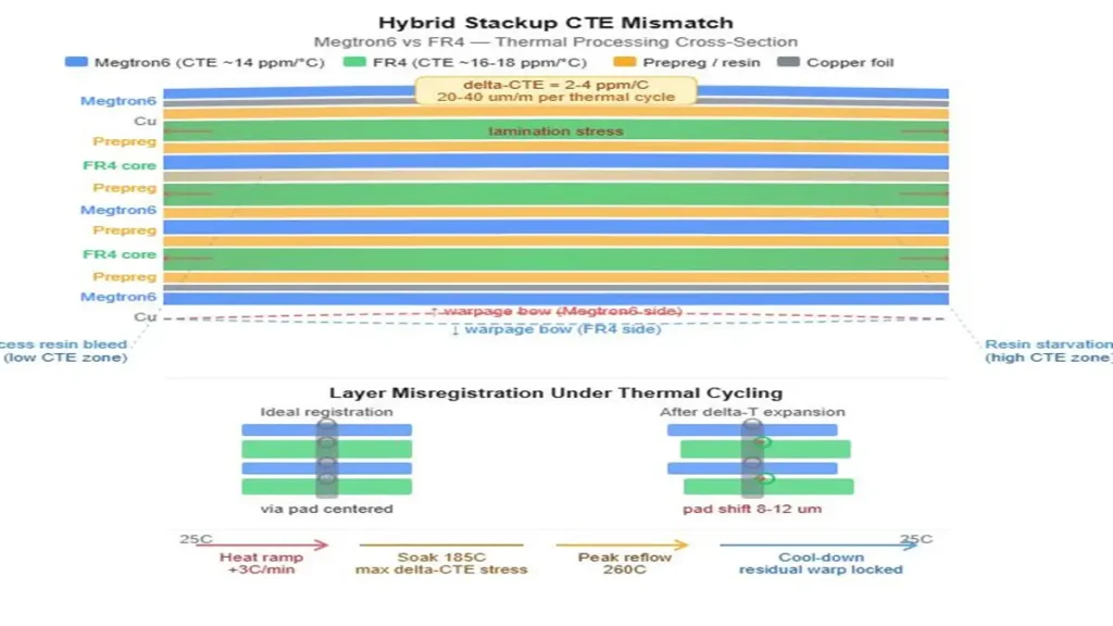 Hybrid stackup CTE mismatch analysis between Megtron6 and FR4 causing PCB warpage, layer misregistration, and lamination stress under thermal cycling - PCBKR.