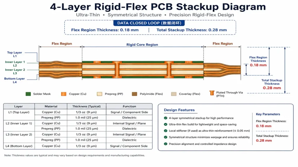 Latest ultra-thin rigid-flex HDI PCB 4-layer stackup diagram with 0.18mm flex region and 0.28mm total thickness by Shenzhen Hongda Circuit Technology Co., Ltd.