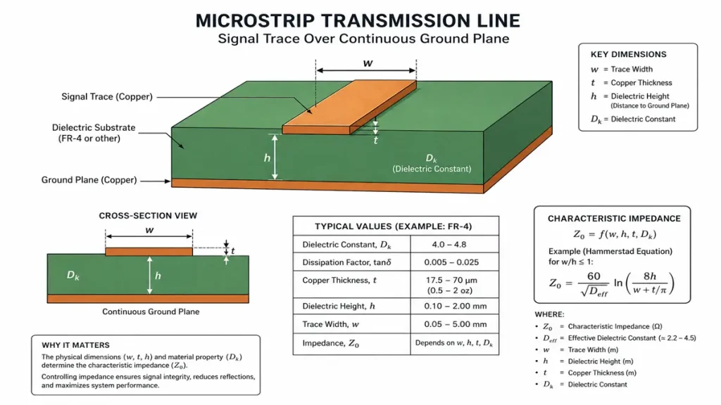 PCB transmission line stackup dimensions showing width width, thickness, and dielectric constant Dk