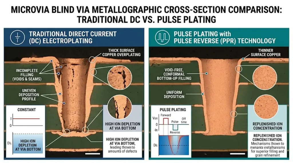 Metallographic cross-section comparison of HDI microvia blind via filling between traditional direct current (DC) electroplating and pulse reverse plating technology, showing void-free bottom-up copper deposition and grain refinement.