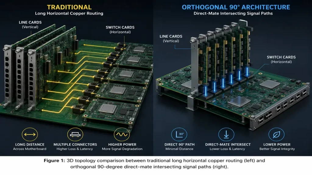 3D model comparing traditional long horizontal yellow copper routing with orthogonal 90-degree direct-mate blue signal paths.