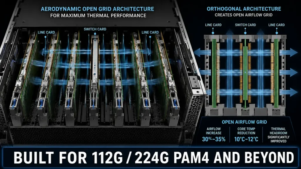 Aerodynamic open grid architecture of an orthogonal backplane showing 3D chassis airflow path for AI server cooling.