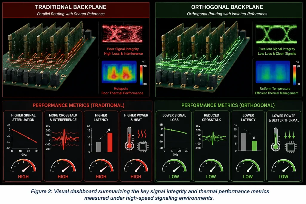 Lab testing dashboard showing red and green eye diagrams, thermal mapping, and insertion loss curves comparing backplane routing.