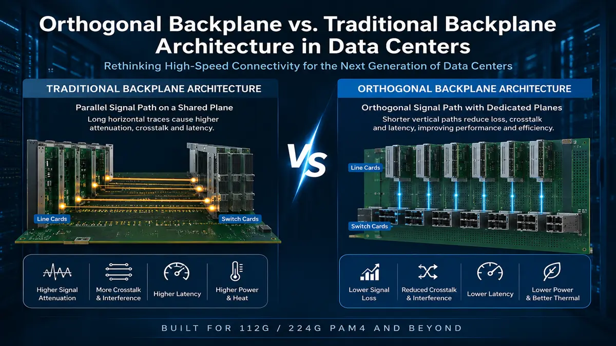 Comparison of Orthogonal Backplane PCB and traditional architecture showing signal paths for 112G and 224G PAM4 data centers.