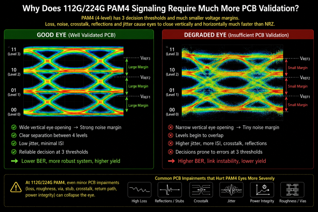 PAM4 eye diagram comparison showing good eye with large voltage margins versus degraded eye with narrow margins caused by PCB impairments including reflections, stubs, crosstalk, and jitter at 112G/224G signaling speeds