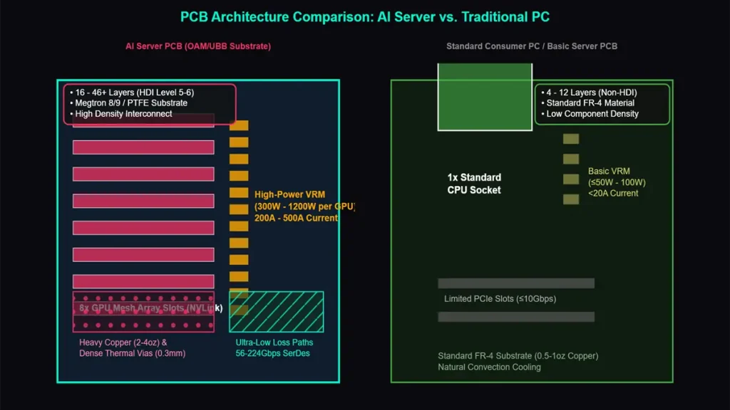 AI server PCB vs traditional PCB architecture comparison diagram showcasing high-density HDI layers, multi-phase VRM power delivery, and NVLink GPU mesh layout versus standard FR-4 board design.