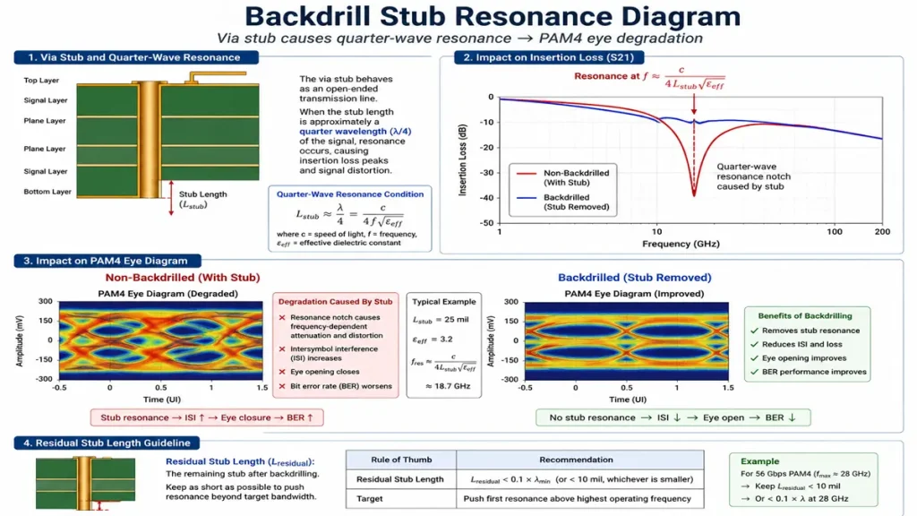 Backdrill stub resonance diagram showing via stub quarter-wave resonance effects in high-speed PAM4 PCB channels, comparing backdrilled vs non-backdrilled vias, residual stub length impact, insertion loss resonance notch, and PAM4 eye degradation.