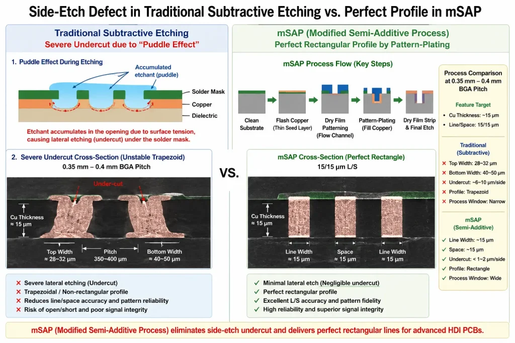 Cross-section comparison of side-etch undercut defects at 0.35mm BGA pitch in traditional subtractive etching versus perfect rectangular trace profile using mSAP technology.