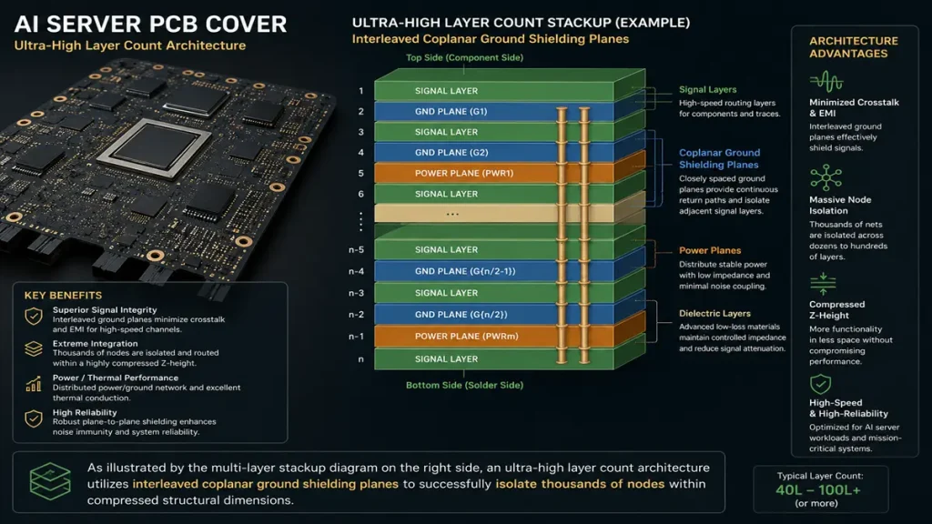 Ultra-high layer count PCB stackup design blueprint showing interleaved signal layers, blue coplanar ground planes, and orange heavy copper power planes for AI server architecture.