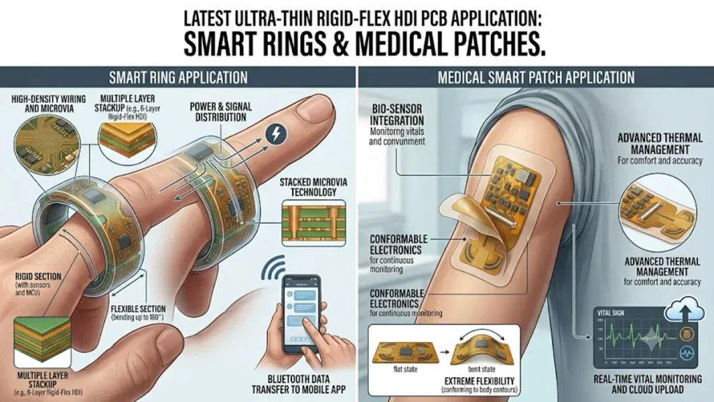Infographic showing the application of ultra-thin rigid-flex HDI PCB in a smart ring on a finger and a medical smart patch on an arm, highlighting high-density wiring, multilayer stackup, and extreme flexibility.