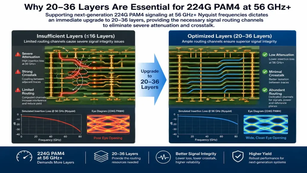 Signal integrity simulation infographic comparing 16 layers versus 20-36 layers for 224G PAM4 routing at 56GHz, showing insertion loss curves and eye diagrams.