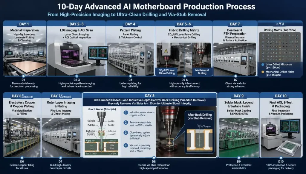 A comprehensive 10-day production timeline for advanced AI server PCBs. It details the step-by-step workflow including Day 1 Material Preparation, Day 2-3 LDI Imaging & AOI Scan, Day 4 Pattern Plating, Day 5-6 Hybrid Drilling (Laser/Mechanical), and up to Day 10 Final Inspection & Vacuum Packaging. Day 8 features an expanded schematic explaining the principle of CCD-guided closed-loop inductive depth control backdrilling, showing how via stubs are precisely reduced to under 35 um.