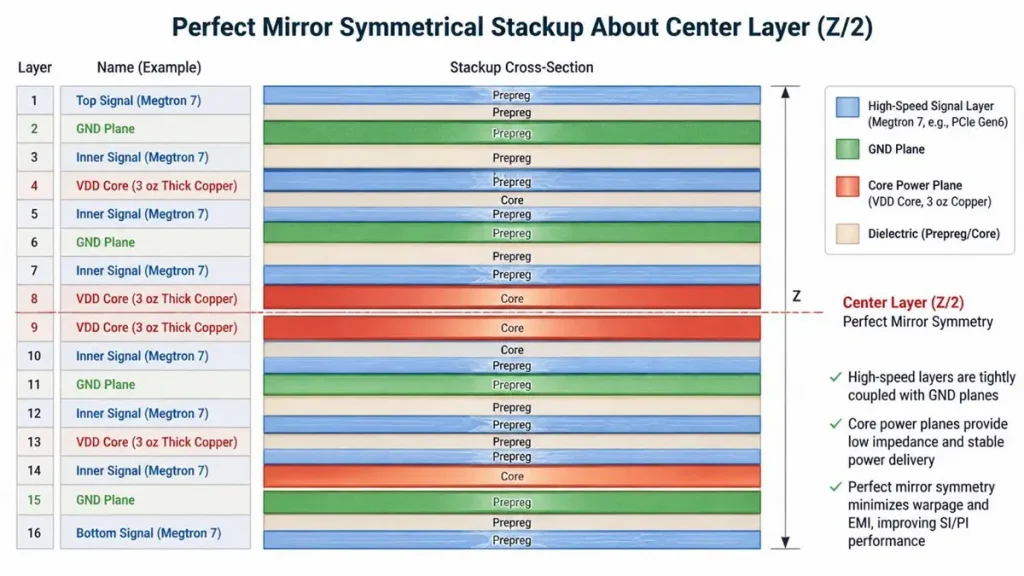 16-Layer Perfect Mirror Symmetrical Stackup Diagram About Center Layer Z/2 for AI Server PCB DFM Standard