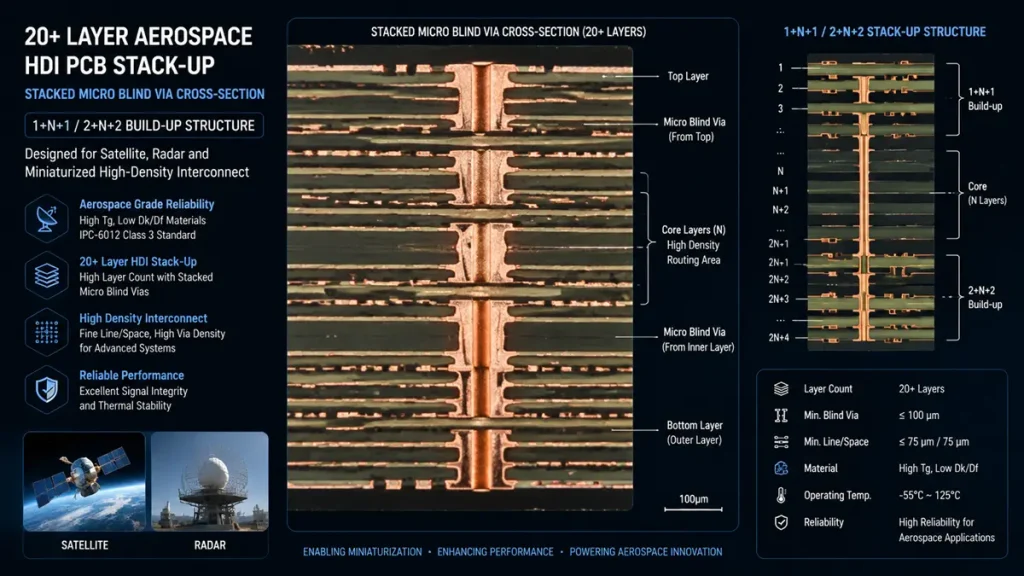 20+ Layer Aerospace & Defense HDI PCB stacked micro blind via cross section, 1+N+1 / 2+N+2 stack-up structure for satellite and radar miniaturized high density wiring
