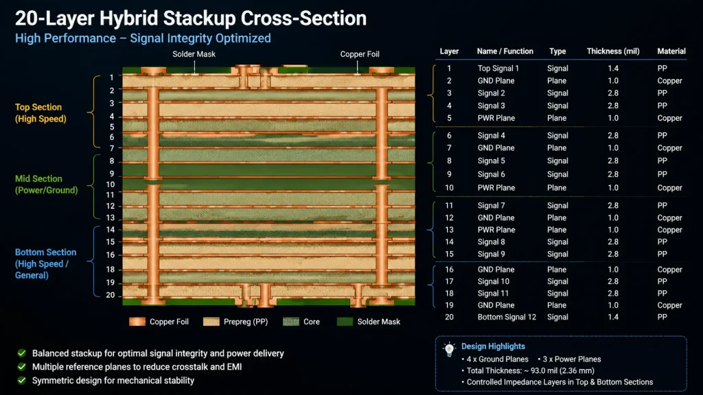 Technical diagram of a 20-layer hybrid stackup cross-section for HDI AI server PCBs, demonstrating symmetric layer distribution, controlled impedance sections, core and prepreg materials, and blind/buried via transitions.