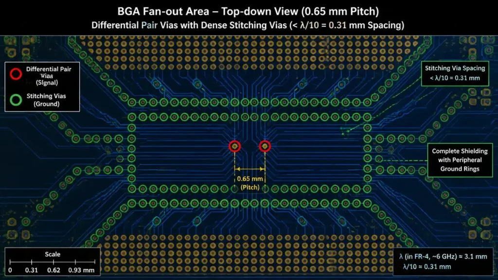 Top-down PCB layout diagram of 224G BGA fan-out area showing a differential signal pair with 0.65 mm pitch fully shielded by a peripheral ring of green ground stitching vias spaced at less than lambda over 10.