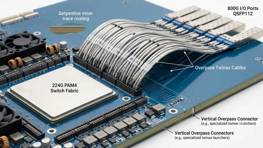 alt="High-density Overpass Twinax cable assembly directly terminating at vertical overpass connectors on the perimeter of a 224G PAM4 Switch Fabric ASIC, bypassing internal PCB layers to route directly to 800G QSFP112 I/O ports. Advanced AI infrastructure fabrication by PCBKR."