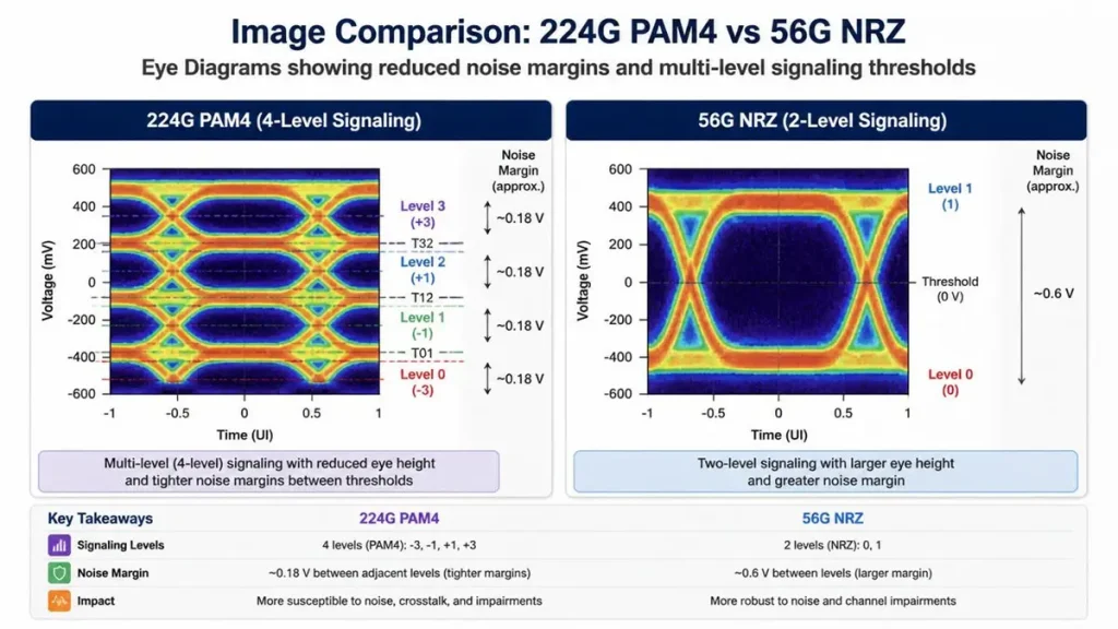 alt="Technical comparison of 224G PAM4 4-level signaling eye diagram with compressed 0.18V noise margins versus 56G NRZ 2-level signaling with 0.6V noise margins for advanced AI backplane and UBB PCB design by PCBKR."