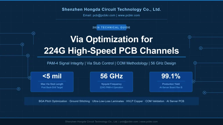 224G via design and PCB optimization technical guide by Shenzhen Hongda Circuit, featuring 56 GHz PAM-4 signal integrity parameters and 99.1% production yield data.